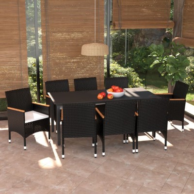 Set de muebles de jardín 9 pzas y cojines ratán sintético negro
