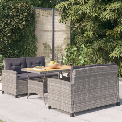 Set de comedor jardín 3 piezas con cojines ratán sintético gris
