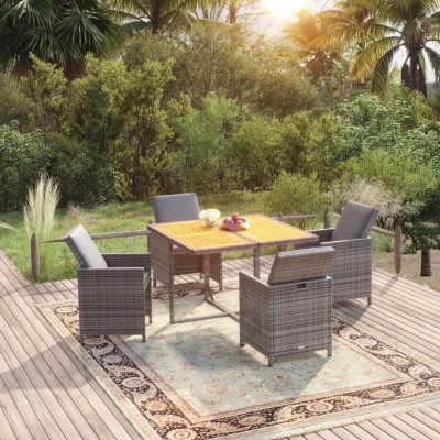 Set comedor de jardín 5 piezas con cojines ratán sintético gris