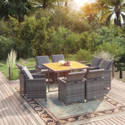 Set comedor jardín 9 pzas y cojines ratán sintético gris