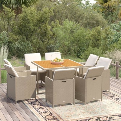 Set comedor de jardín 9 pzas con cojines ratán sintético beige