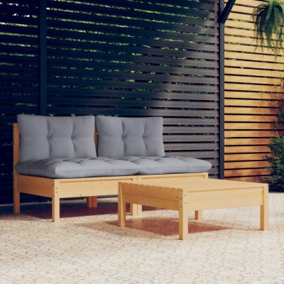 Juego de muebles de jardín 3 pzas y cojines madera de pino