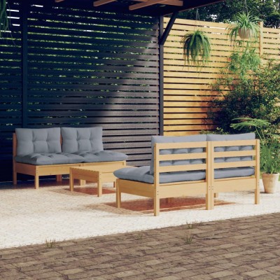 Juego de muebles de jardín 5 pzas y cojines madera pino gris