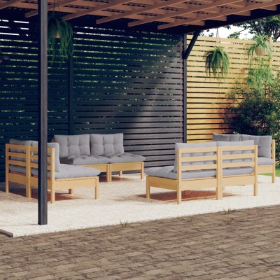 Juego de muebles de jardín 8 pzas y cojines madera pino gris