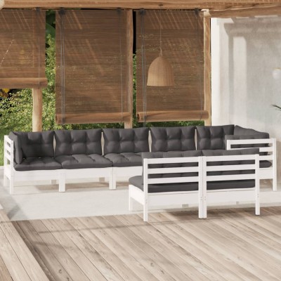 Muebles de jardín 8 pzas y cojines blanco madera maciza de pino