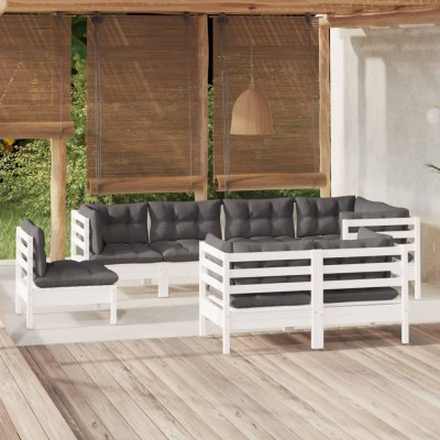 Muebles de jardín 8 pzas y cojines blanco madera maciza de pino