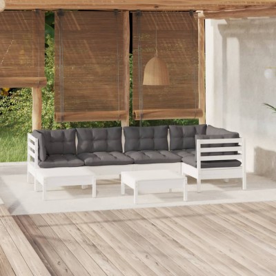 Muebles de jardín 7 pzas y cojines blanco madera maciza de pino