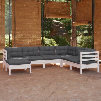 Muebles de jardín 8 pzas con cojines blanco madera de pino
