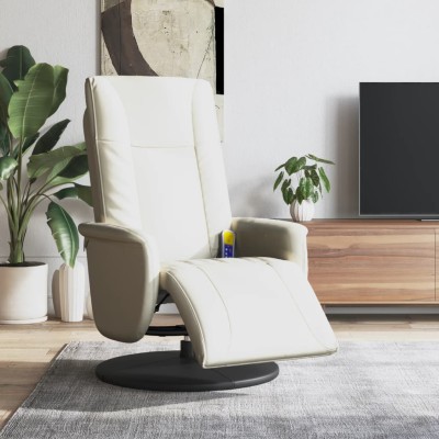 Sillón reclinable masaje con reposapiés cuero sintético crema