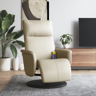 Sillón reclinable masaje con reposapiés cuero sintético crema