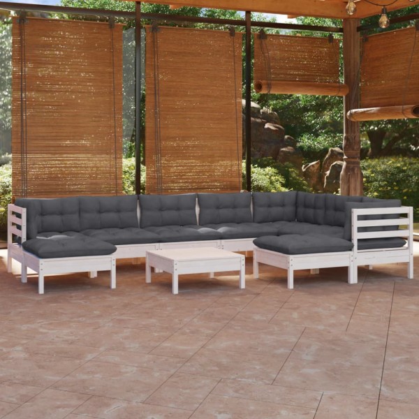 Muebles de jardín 10 pzas con cojines blanco madera maciza pino