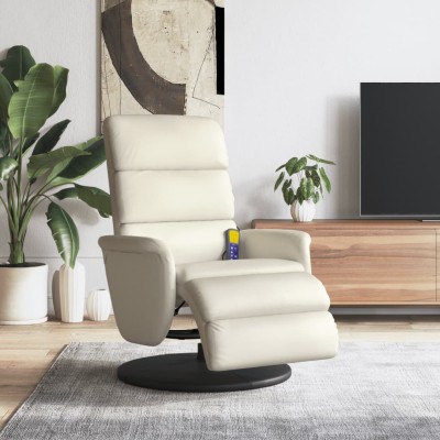 Sillón reclinable masaje con reposapiés cuero sintético crema