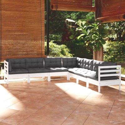 Muebles de jardín 7 pzas y cojines blanco madera maciza de pino