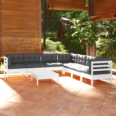 Muebles de jardín 8 pzas con cojines blanco madera maciza pino