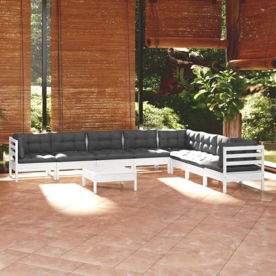 Muebles de jardín 9 pzas y cojines blanco madera maciza de pino