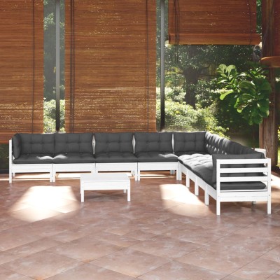 Muebles de jardín 10 pzas con cojines blanco madera maciza pino