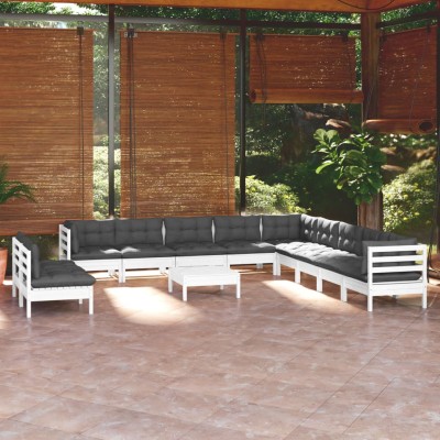 Muebles de jardín 12 pzas con cojines blanco madera maciza pino