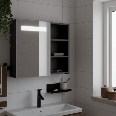 Mueble de baño con espejo y luz LED negro 60x13x52 cm