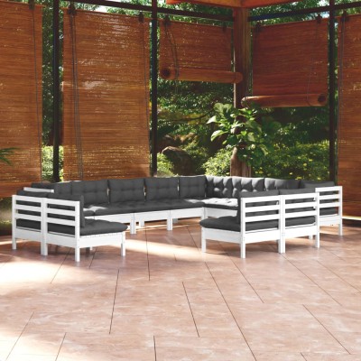 Muebles de jardín 12 pzas y cojines blanco madera maciza pino