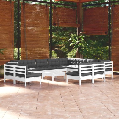 Muebles de jardín 13 pzas con cojines blanco madera maciza pino
