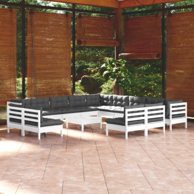 Muebles de jardín 14 pzas con cojines blanco madera maciza pino