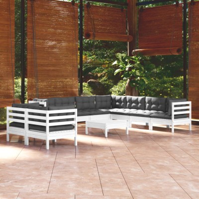 Muebles de jardín 10 pzas con cojines blanco madera maciza pino