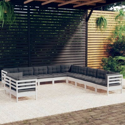 Muebles de jardín 11 pzas y cojines blanco madera maciza pino