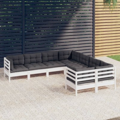Muebles de jardín 8 pzas y cojines blanco madera maciza de pino