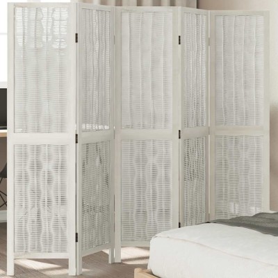 Biombo separador de 5 paneles madera maciza Paulownia blanco