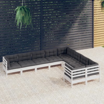 Muebles de jardín 9 pzas y cojines blanco madera de pino