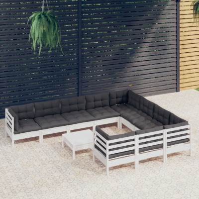 Muebles de jardín 11 pzas y cojines blanco madera de pino
