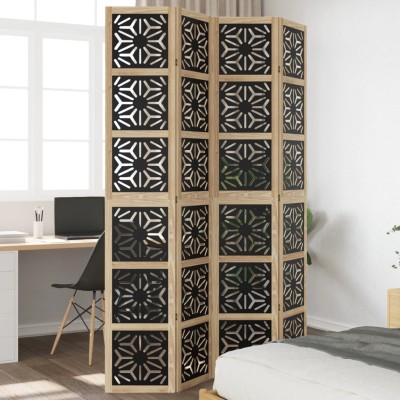 Biombo separador 4 paneles madera maciza Paulownia marrón negro