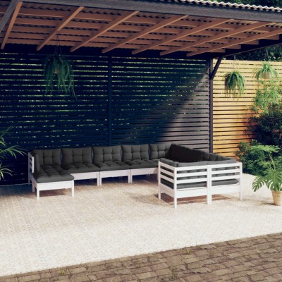 Muebles de jardín 10 pzas con cojines blanco madera de pino