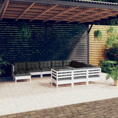 Muebles de jardín 11 pzas y cojines blanco madera de pino
