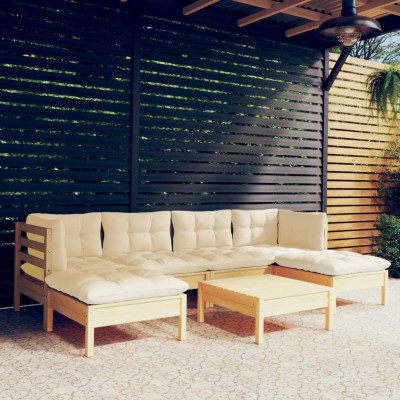 Muebles de jardín 7 piezas cojines madera de pino color crema