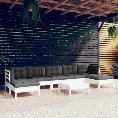 Muebles de jardín 8 pzas con cojines blanco madera de pino