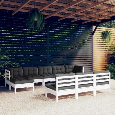 Muebles de jardín 10 pzas con cojines blanco madera de pino