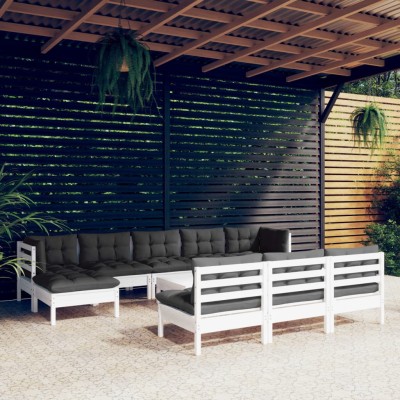 Muebles de jardín 11 pzas con cojines blanco madera de pino
