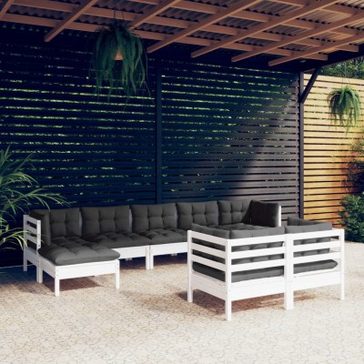 Muebles de jardín 9 pzas y cojines blanco madera maciza de pino