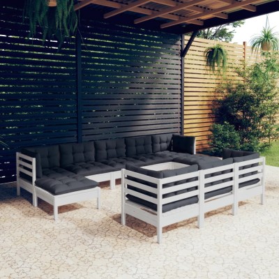 Muebles de jardín 10 pzas cojines blanco madera maciza de pino