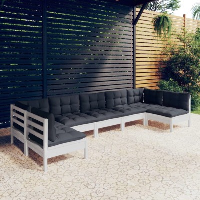 Muebles de jardín 7 pzas y cojines blanco madera maciza de pino
