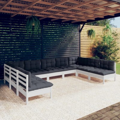Muebles de jardín 9 pzas y cojines blanco madera maciza de pino
