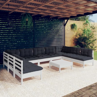 Muebles de jardín 10 pzas y cojines blanco madera maciza de pino