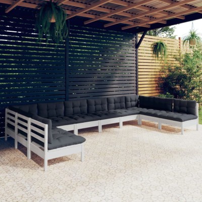 Muebles de jardín 10 pzas con cojines blanco madera maciza pino