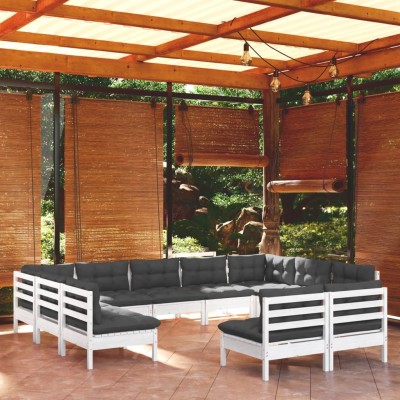 Muebles de jardín 11 pzas y cojines blanco madera maciza pino