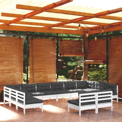 Muebles de jardín 12 pzas y cojines blanco madera maciza pino