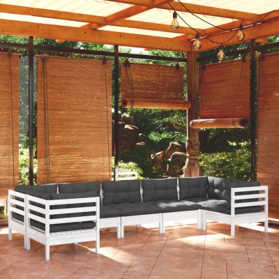 Muebles de jardín 7 pzas con cojines blanco madera de pino