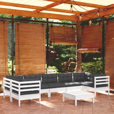 Muebles de jardín 8 pzas con cojines blanco madera de pino