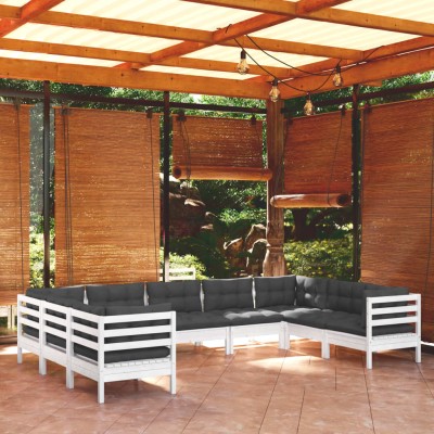 Muebles de jardín 9 pzas con cojines blanco madera de pino