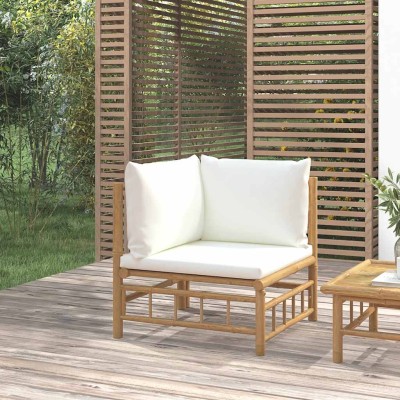 Sofá esquinero de jardín bambú con cojines blanco crema